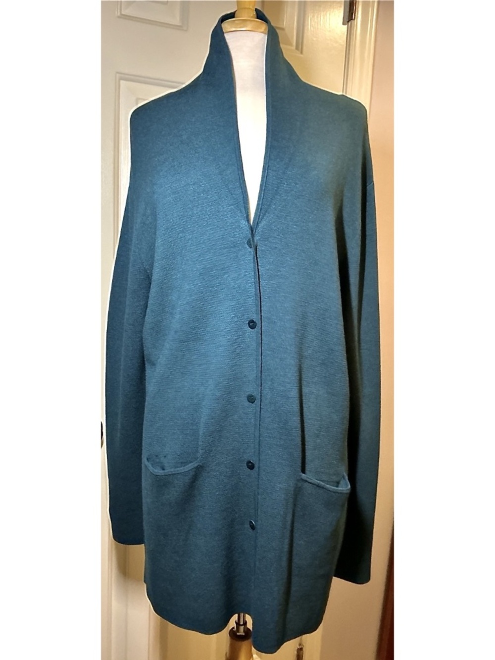 Eileen Fisher 90% Silk Teal Long Cardigan Sweater Size L